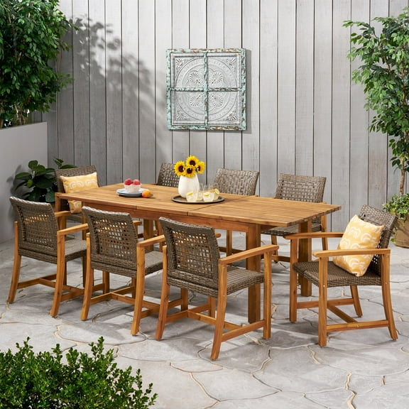 Chassidy Outdoor 8 Seater Acacia Wood Dining Set with Expandable Table, Teak and Mixed Mocha