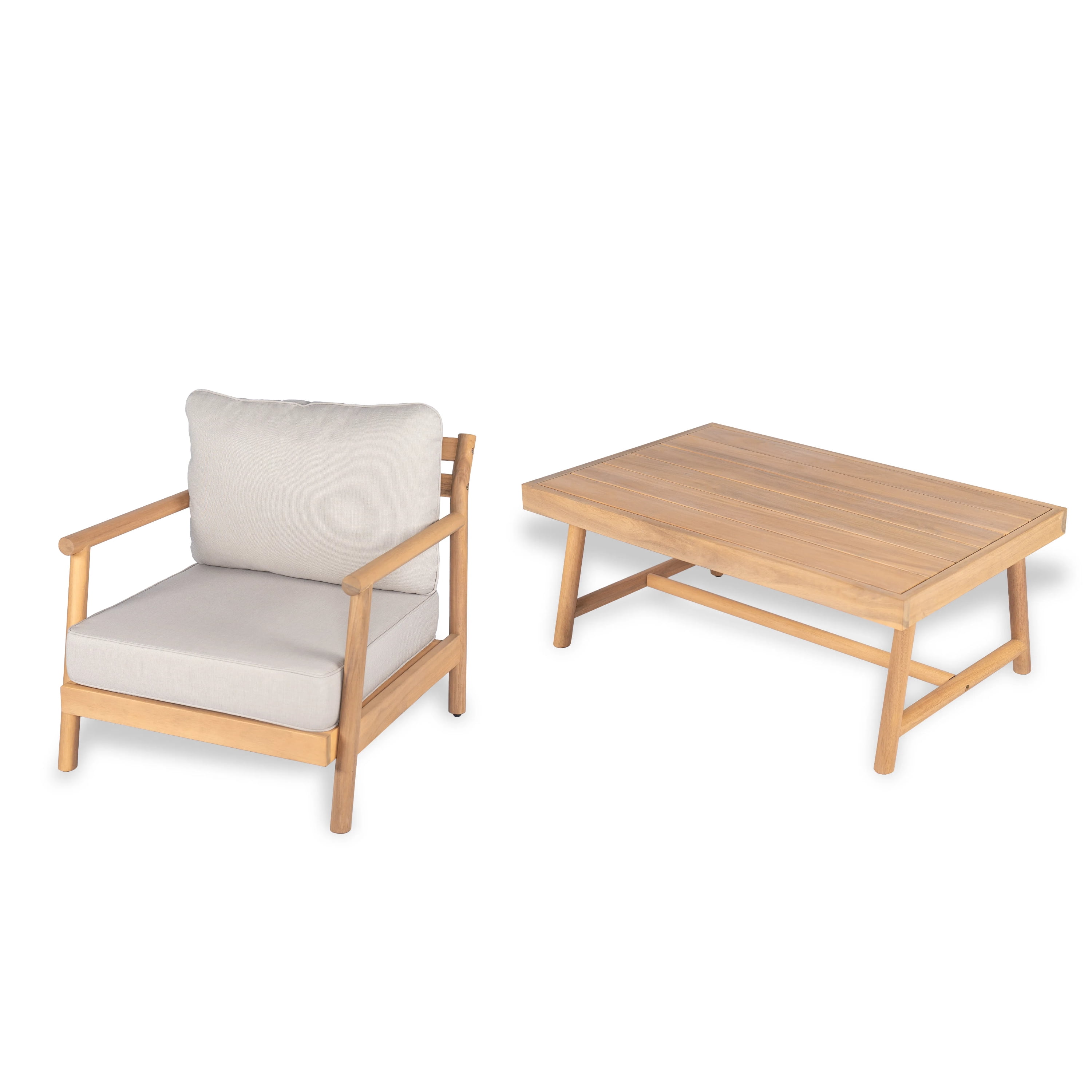 Chat Set, Patio Acacia Wood Club Chair and Coffee Table with Water-Resistant Cushion for Garden, Teak and Beige
