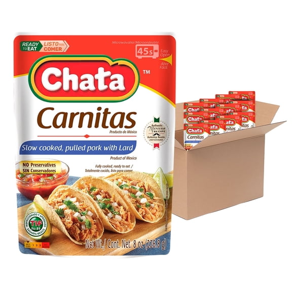 Chata Chopped Pork Carnitas Pouch, 12 Pack, 8 oz