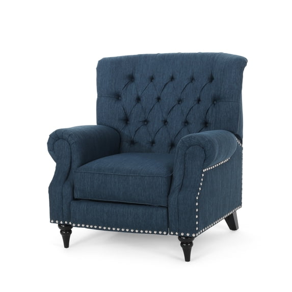 Chatau Contemporary Tufted Recliner with Nailhead Trim, Navy Blue Fabric and Espresso