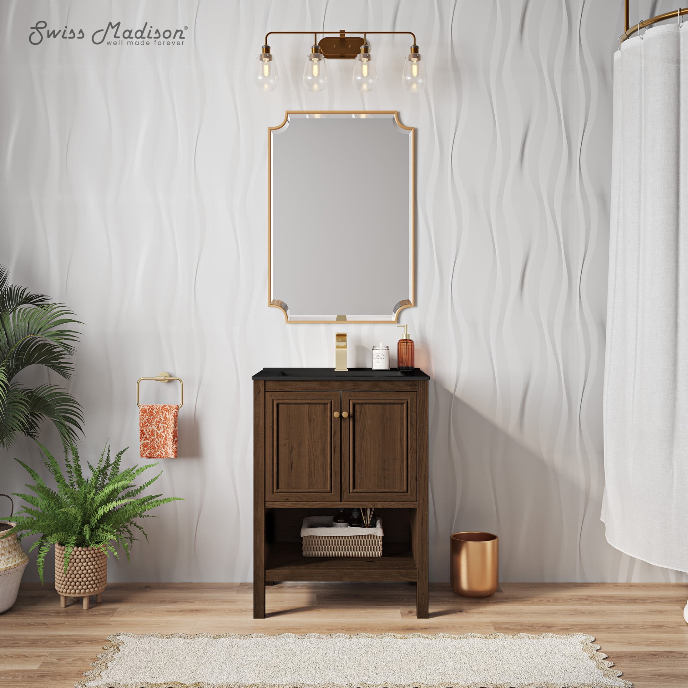 Chateau 24" Freestanding Bathroom Vanity in Brown Oak with Black Sink Top