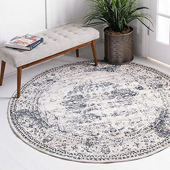 Chateau Collection Area Rug - Hoover (6' 1" Round, Dark Blue/ Beige)