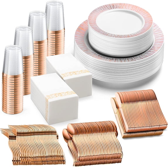 Chateau Fine Disposable Tableware 252-Piece Rose Gold Plates, Napkins, Party Supplies, Dinnerware for Adults (36 sets), Gold Plastic Plate Set, Small & Large, Paper Napkins, & Cups for Elegant Parties