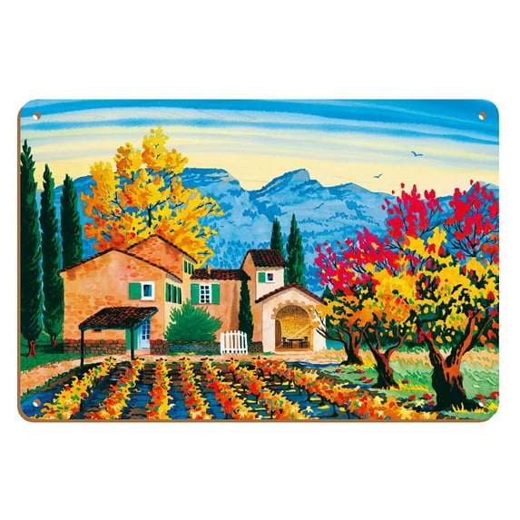 Chateau - Provence France - French Villa Vineyards - From an Original Watercolor Painting by Robin Wethe Altman - 8 x 12 inch Vintage Wood Art Sign