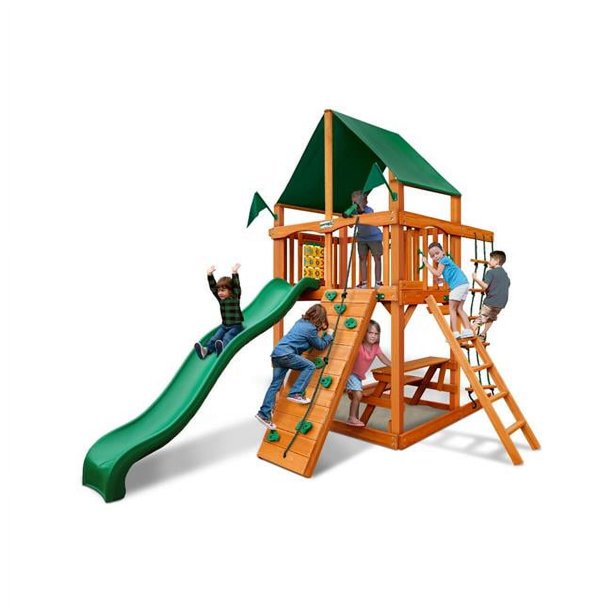 Chateau Tower Swing Set with Amber Posts & Sunbrella Canvas Forest