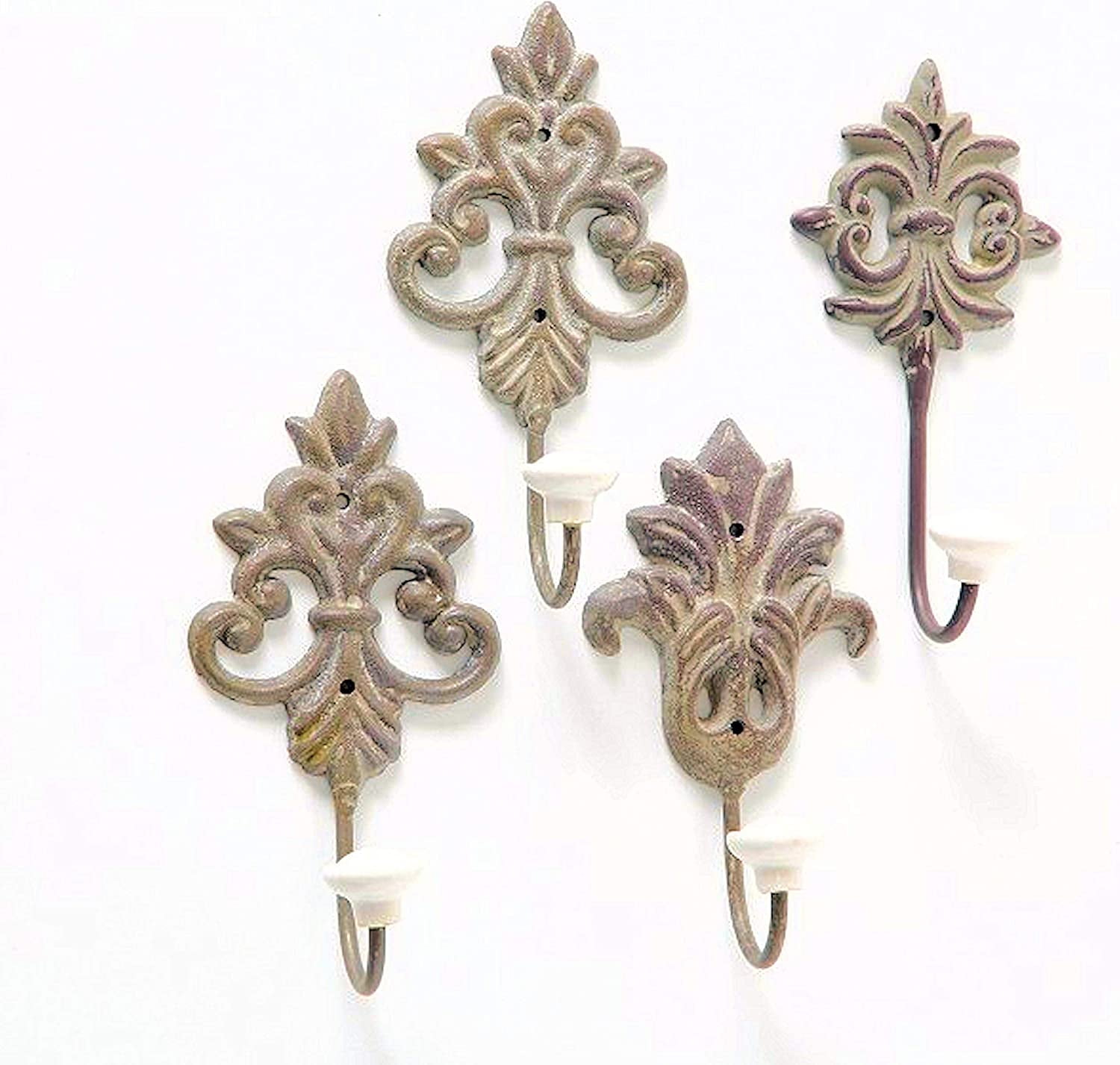 Chateaux Fleur De Lis Wall Hooks, Set of 4, Shabby Distressed