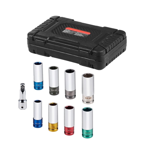 Chateauy 1/2 inch Drive Metric and SAE 6-Point Deep Lug Nut Impact Socket Set 8 Sizes CR-MO Steel Wheel Socket Kit with Storage Case and Extension Bar for Auto Repair