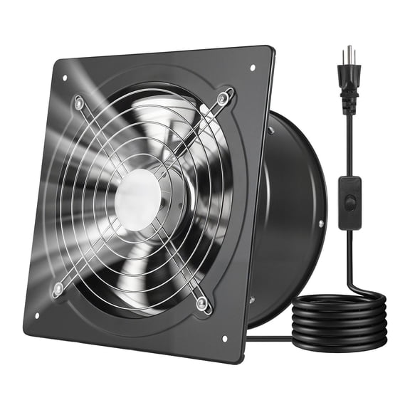Chateauy 10 Inch High Velocity Wall Mount Exhaust Fan with On/Off Control, 988 CFM Low Consumption Portable Ventilation Extractor for Attic, Garage, Basement, Workshop, Kitchen, Chicken Coop, Black