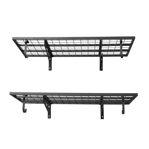 Chateauy 2-Tier 24ft Black Steel Wall Garage Storage Shelf with Hooks, 2448in Floating Metal Rack, Total 500LBS Load Garage Tool Organizer