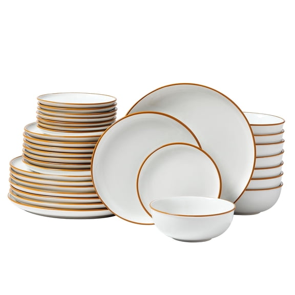 Chateauy 32-Piece Round Ceramic Dinnerware Set, Service for 8, Scratch Resistant Plates and Bowls Set, Dishwasher & Microwave Safe for Dessert, Salad, Soup & Pasta, White
