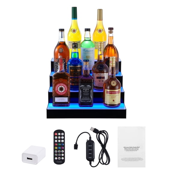 Chateauy 4 Tiers 16 Inch LED Illuminated Commercial Bar Shelf, Acrylic Drink Bottle Display Stand with RF Remote & App Multicolor Light Control