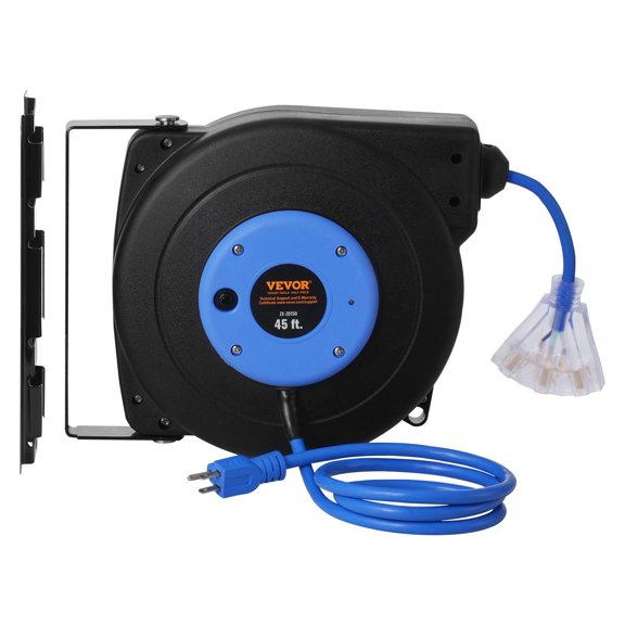 Chateauy 45FT Retractable Extension Cord Reel, 12AWG/3C SJTOW, Lighted Triple Tap Outlet, 15A Circuit Breaker, 180 Swivel Bracket Wall/Ceiling Mount
