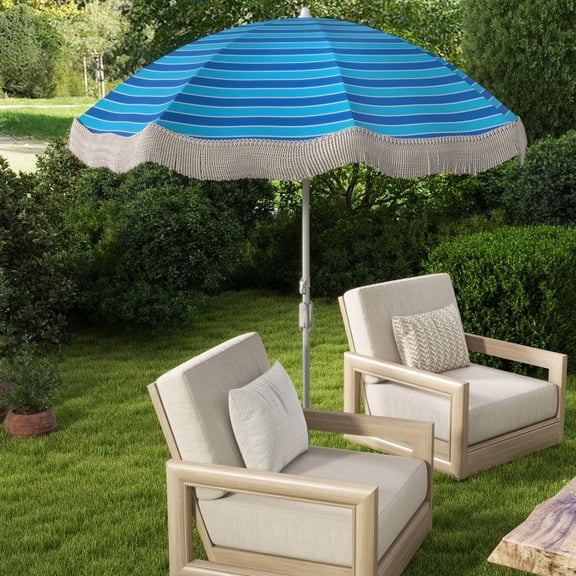 Chateauy 6.5 FT Outdoor Beach Umbrella with Decorative Fringe, Push Button Tilt Angle Adjustment, Sand Anchor and Carry Bag for Patio Garden