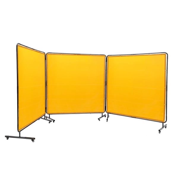 Chateauy 6' x 6' 3-Panel Yellow Welding Curtain Screen, Flame-Resistant Vinyl Safety Screen with Frame, 12 Swivel Lockable Wheels for Workshop Use