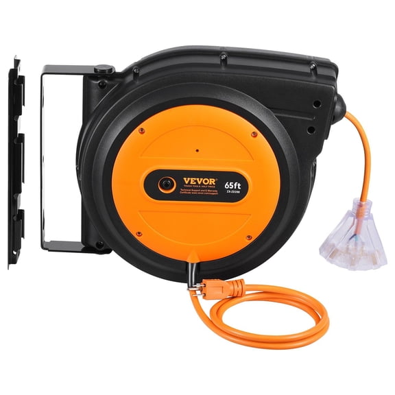 Chateauy 65FT Retractable Extension Cord Reel, 12AWG/3C SJTOW, Lighted Triple Tap Outlet, 15A Circuit Breaker, 180 Swivel Bracket Wall/Ceiling Mount