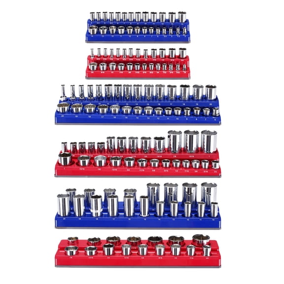 Chateauy 6PCS Magnetic Socket Organizer Set 1/4'' 3/8'' & 1/2'' Metric SAE Socket Trays Clear Labels Hold Up to 143PCS Standard & Deep Sockets Blue Red