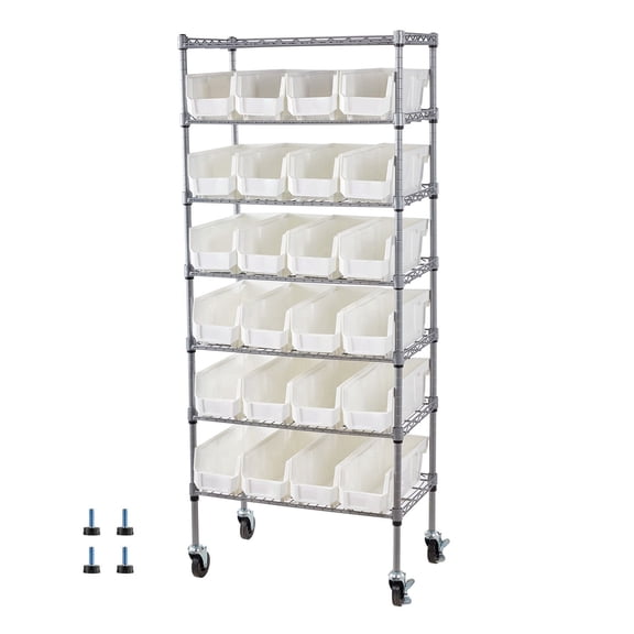 Chateauy 7-Tier Rolling Steel Wire Storage Rack with 24 Small Plastic Organizer Bins, Mobile Tool Parts Cart for Garage Kitchen Classroom Warehouse Restaurant
