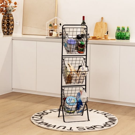 Chateauy Adjustable Height 3-Tier Fruit Basket Rack, Multi-Layer Wire Storage Stand, Freestanding Organizer for Kitchen Fruits, Veggies & Household Sundries