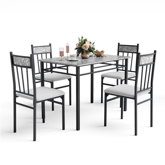 Chateauy Faux Marble Top Dining Table Set for 4 5 Pieces Space-Saving Kitchen Dinette with Smooth White Finish