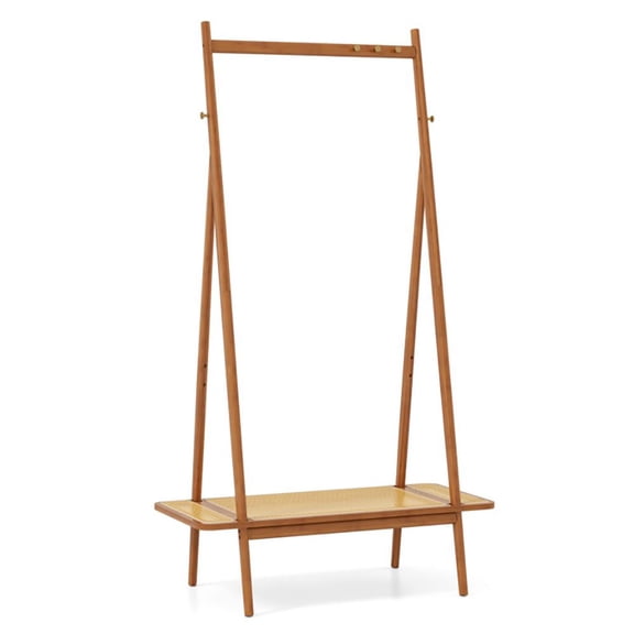 Chateauy Freestanding Bamboo Garment Rack, Clothes Hanging Stand with Rattan Storage Shelf & Copper Hooks for Home Bedroom