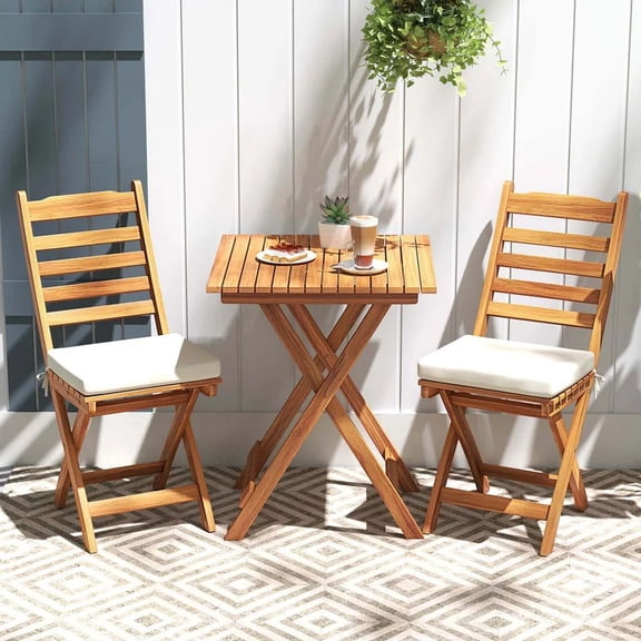 Chateauy Outdoor Wood Bistro Set with Soft Seat Cushions and Solid Wood Table