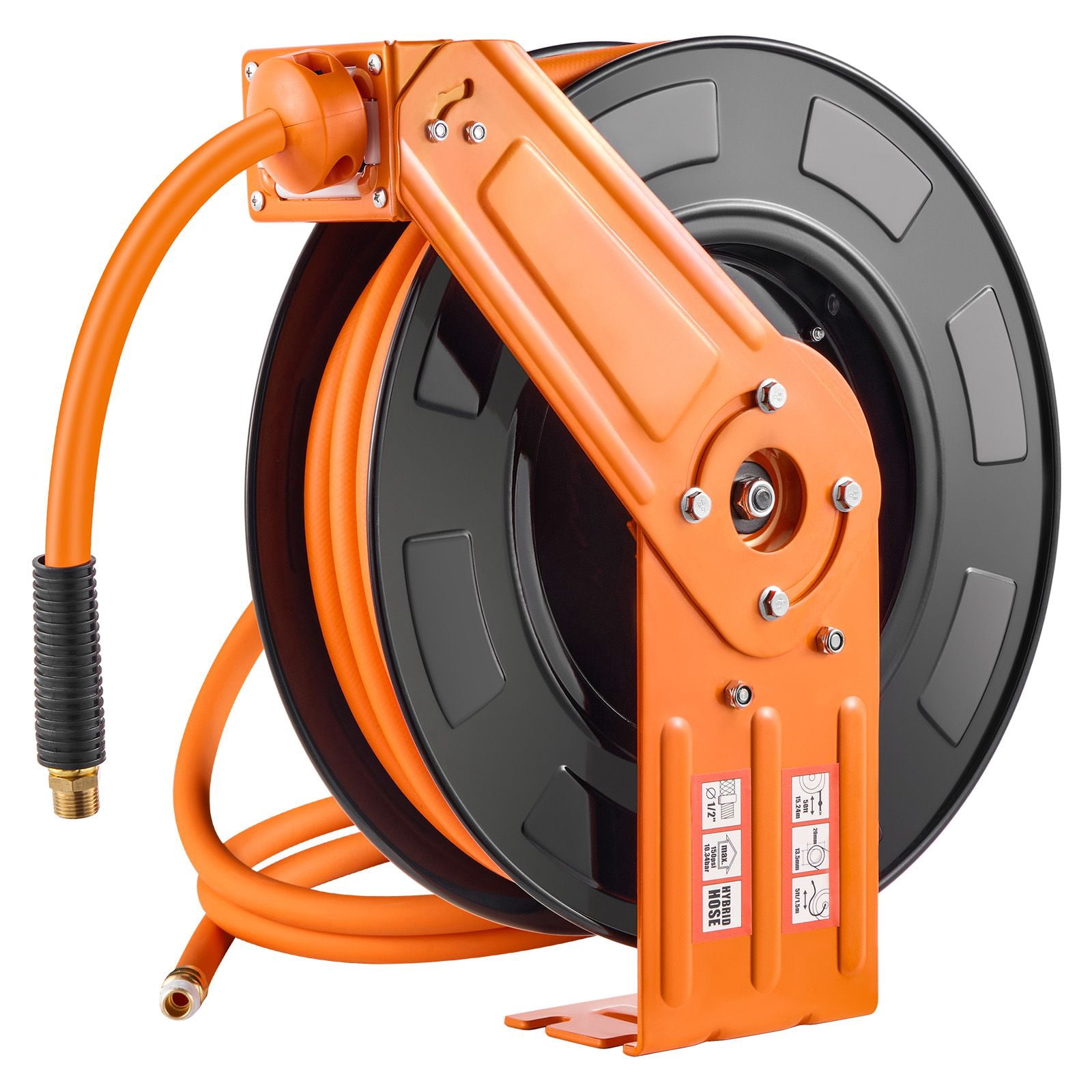 Chateauy Retractable Air Hose Reel, 1/2" x 50FT Hybrid Hose 300PSI, 5FT Lead-in 1/2" NPT Fitting Single Arm Steel Reel