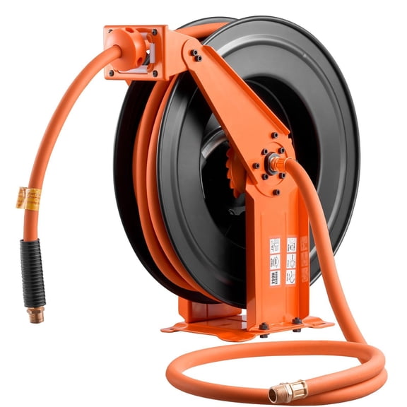 Chateauy Retractable Air Hose Reel, 1/2" x 50FT Rubber Hose 300PSI, 5FT Lead-in Heavy Duty Double Arm Steel Reel