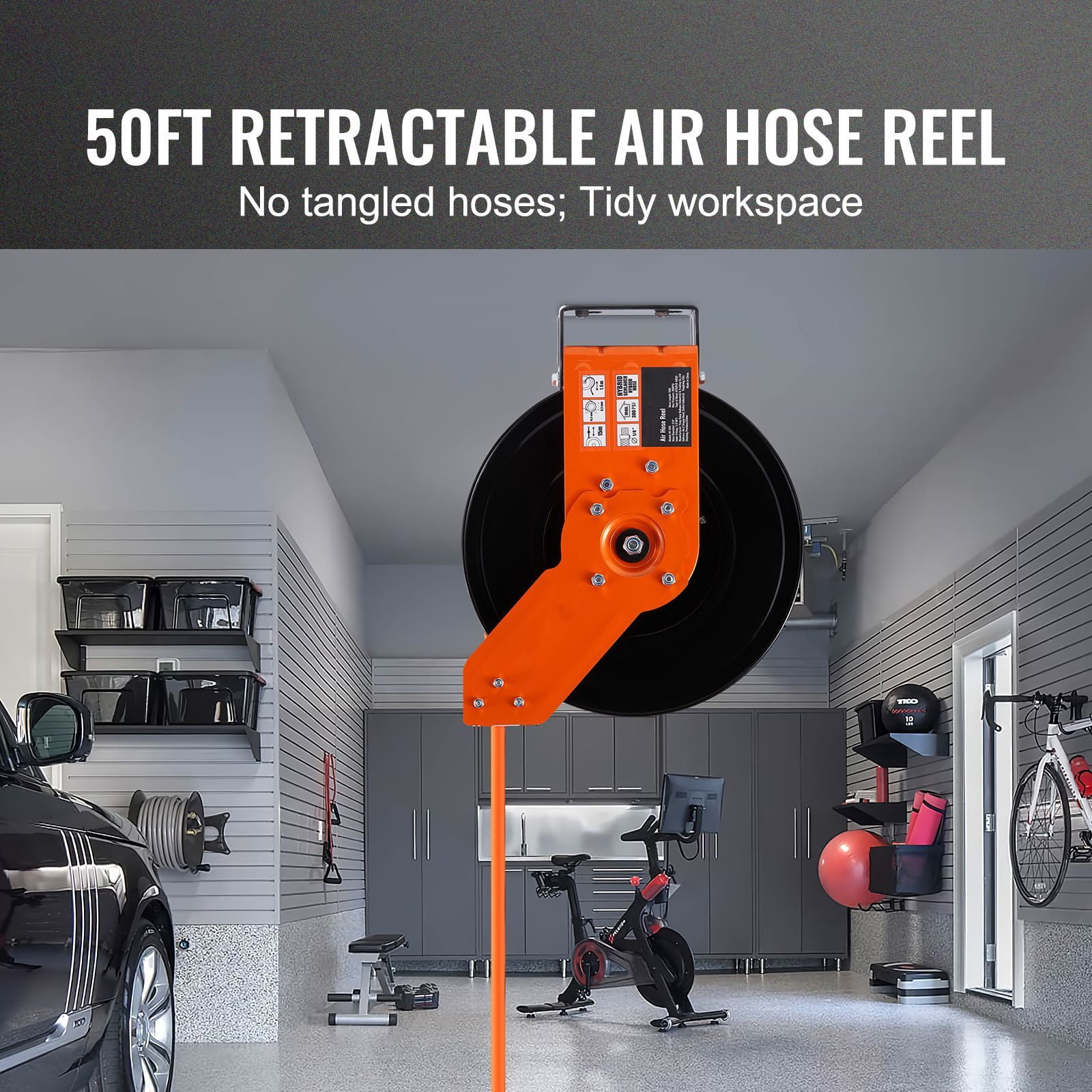 Chateauy Retractable Air Hose Reel, 3/8" x 50FT Hybrid Hose 300PSI, 5FT Lead-in Heavy Duty Double Arm Steel Reel