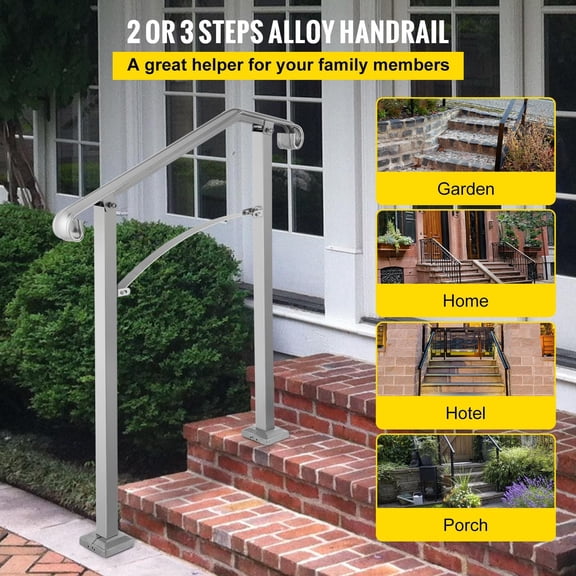 Chateauy Silver Alloy Arch Step Handrail for 2-3 Steps Flexible Front Porch Railing Complete Mount Kit Concrete Wooden Outdoor Stairs