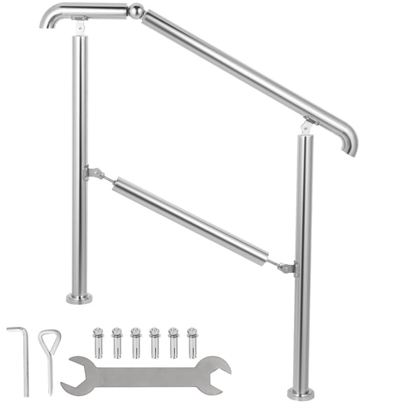 Chateauy Silver Stainless Steel Transitional Step Handrail 441lbs Load Adjustable for 2-3 Steps Indoor Outdoor Porch DIY Mount Kit