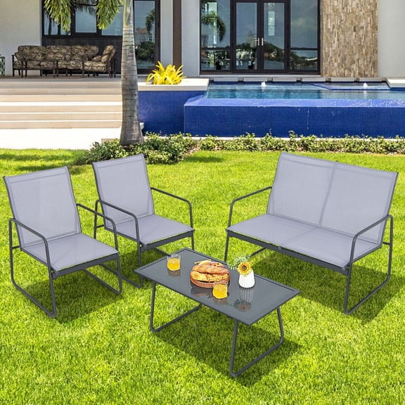 Chateauy Tempered Glass Top Coffee Table + 4 Metal Chairs Patio Set Compact Outdoor Furniture Chat Group for Lawn or Backyard