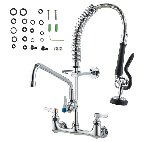 Chateauy Wall Mounted Brass Kitchen Faucet, 21 Inch Height, 8 Inch Installation Width, 12 Inch Rotating Spout with Pull-Down Sprayer