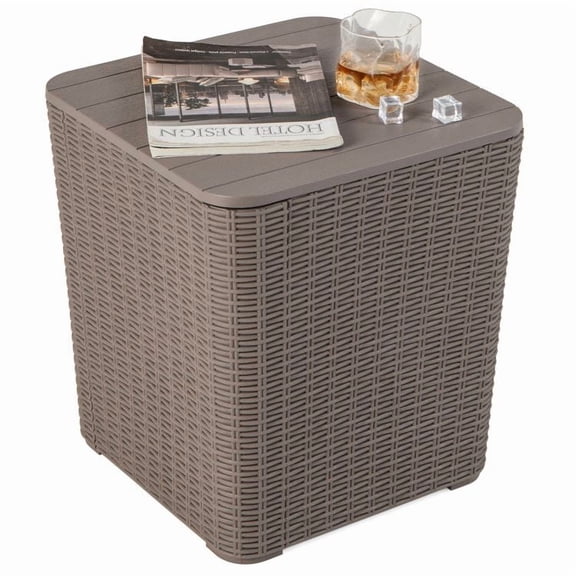 Chateauy Weather-Resistant Resin End Table with Hidden Storage, Removable Lid, and Wicker-Style Design for Garden or Poolside