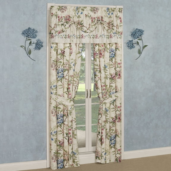 Chatsworth Floral Rod Pocket Window Treatment, Cream, Tie-up Valance and 84L Curtains Set