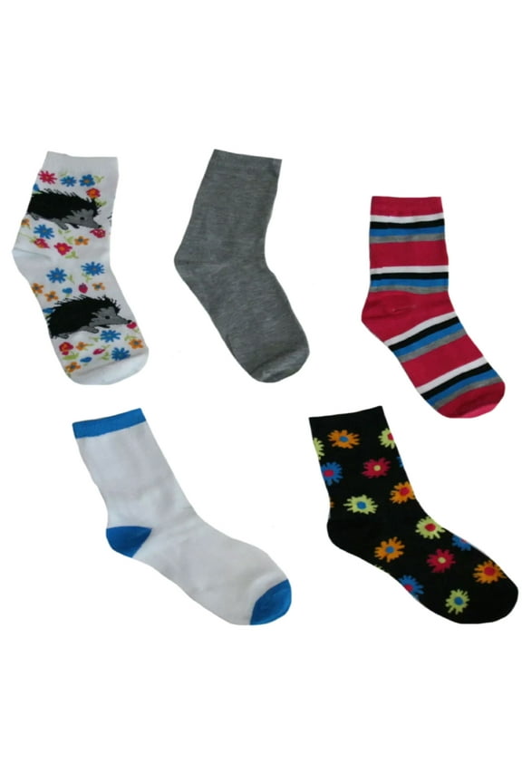 5 Pack of Crew Socks Assorted Flower Designs (9-11)
