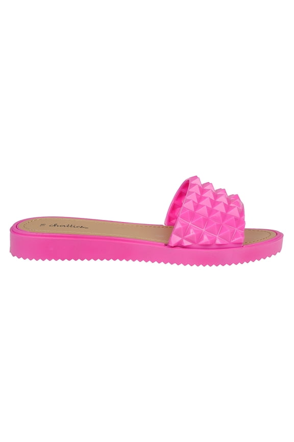 Casual Studded Flat Slide Sandals, Fuchsia (Women's)