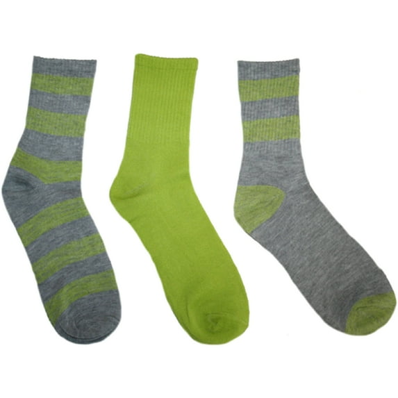 Chatties Women's Striped Crew Socks 3 Pair - Light Gray & Green (Sock Size: 9-11)
