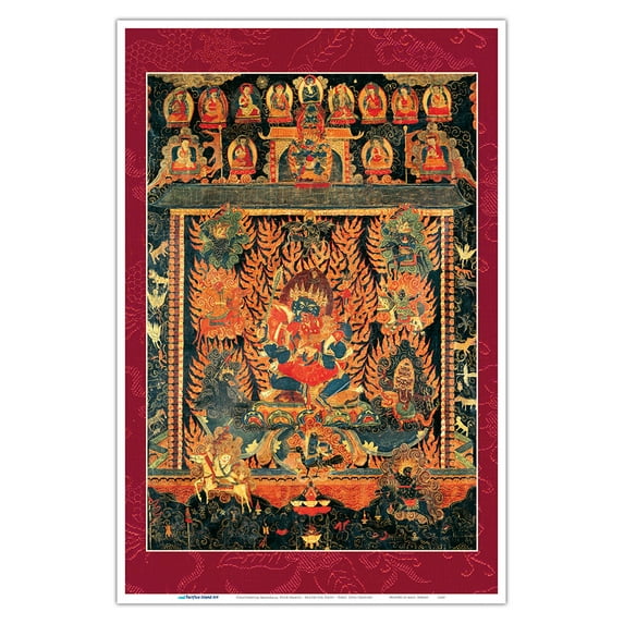 Chaturbhuja Mahakala Four-Hands - Tantric Buddhist Protector Deity - Vintage Tibetan Thangka Buddhist Painting - Tibet, 13th Century - Master Art Print (Unframed) 12in x 18in