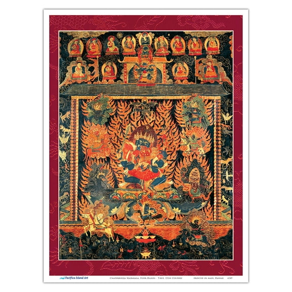 Chaturbhuja Mahakala Four-Hands - Tantric Buddhist Protector Deity - Vintage Tibetan Thangka Buddhist Painting - Tibet, 13th Century - Master Art Print (Unframed) 9in x 12in