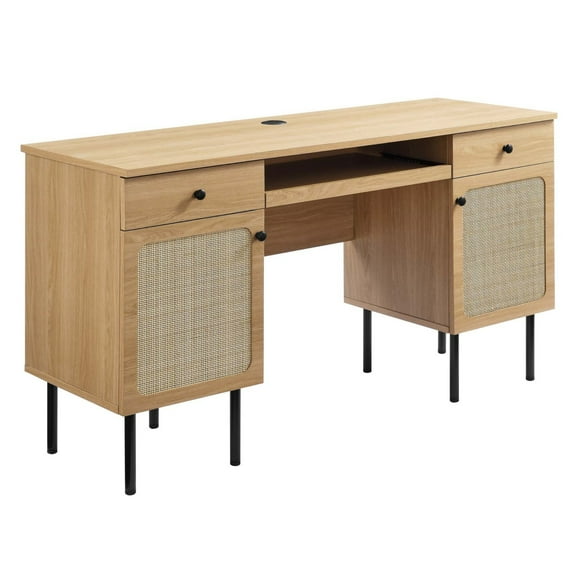 Chaucer Office Desk with Rattan Weaving and Adjustable Shelves
