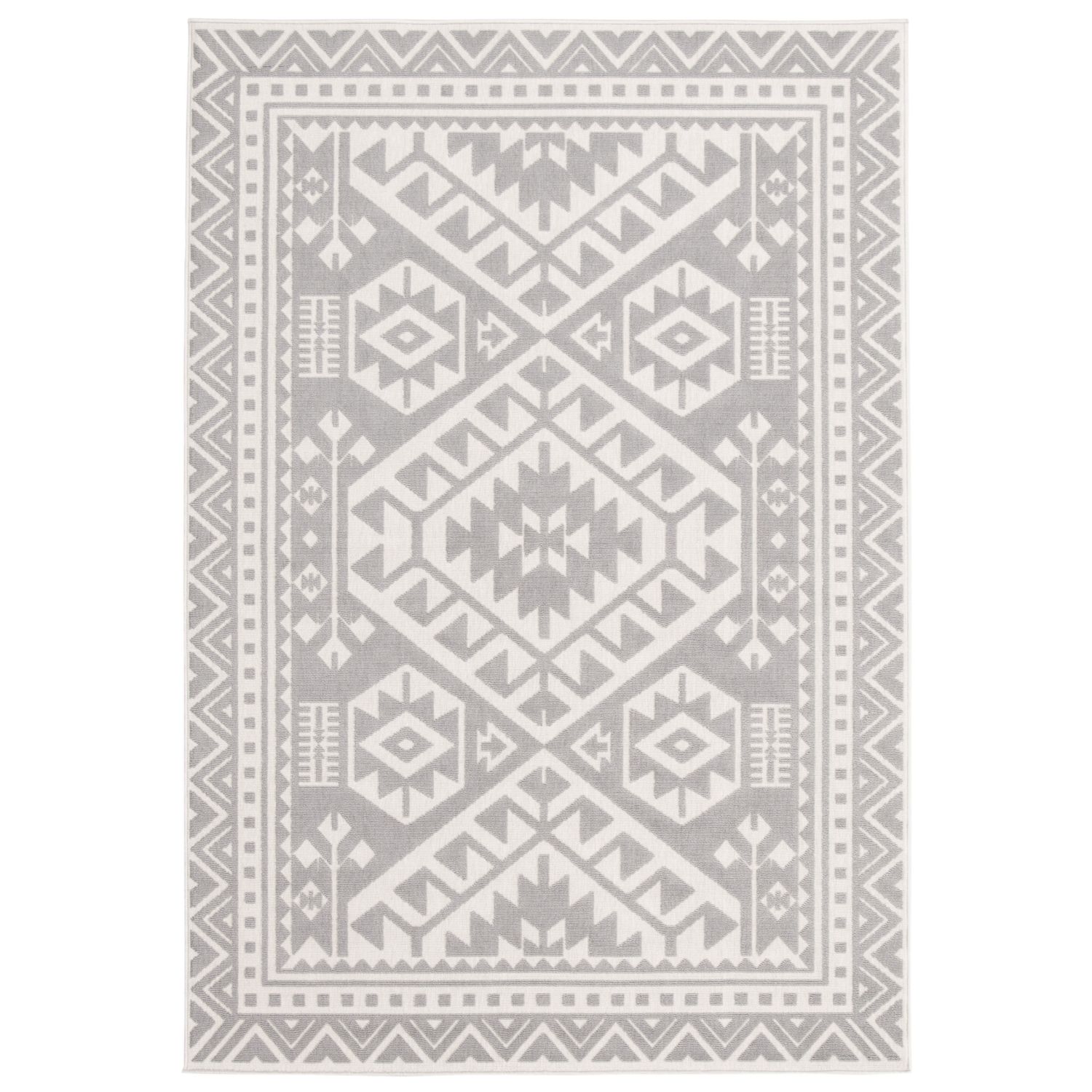 Geometric Gray and Cream 4.5' x 6.5' Synthetic Outdoor Rug