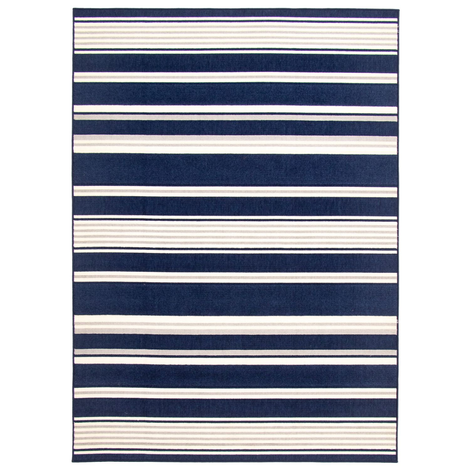 Arthur 4' x 5.5' Navy Blue and White Synthetic Stripe Outdoor Rug