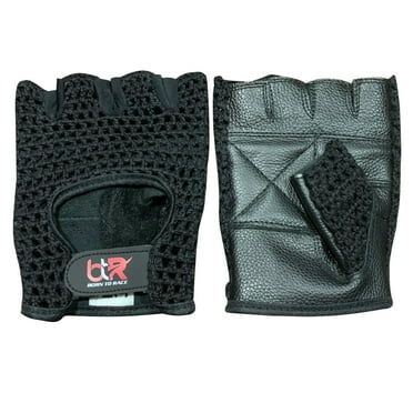Chauffeur Driving Gloves Mesh Net Fingerless Cowhide Leather Palm Cotton Crochet Back Cycling, Wheelchair Gloves Black-2XL