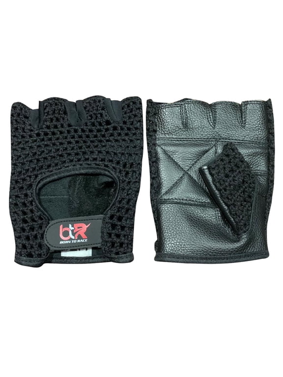 Chauffeur Driving Gloves – Fingerless Mesh Net Style, Cowhide Leather Palm, Cotton Crochet Back, Cycling & Wheelchair Use, Black, Size L