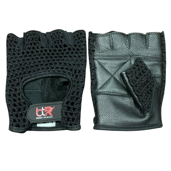 Chauffeur Driving Gloves Mesh Net Fingerless Cowhide Leather Palm Cotton Crochet Back Cycling, Wheelchair Gloves Black-S