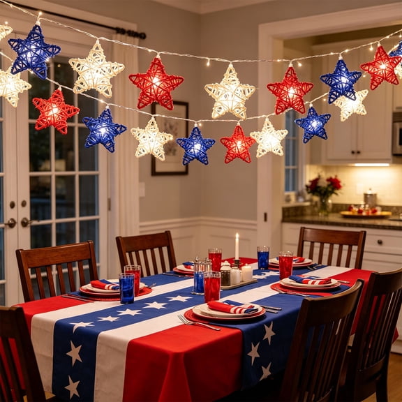 Chaungfeng 4th of July Star String Lights USB - 118" Red White Blue Star String Lights, Waterproof for Indoor Bedroom Tent Loft Bed Patio Party Wedding Ramadan Decorations
