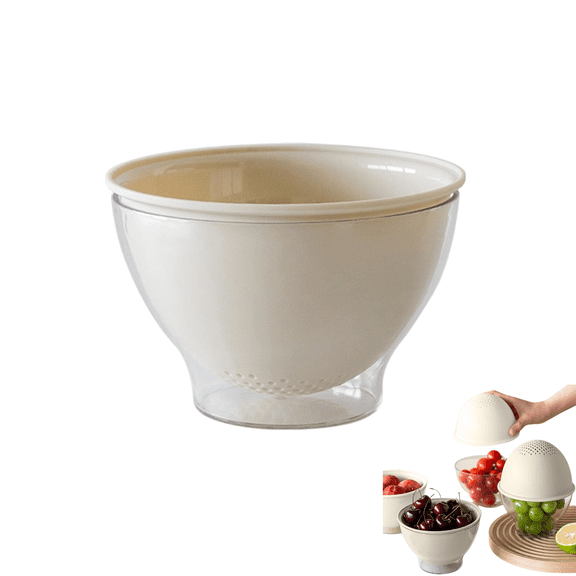 Chaungfeng Multifunctional Fruit Strainer Container with Strainer, 2-in-1 Drain Basket for Washing, Storing & Serving, Berry Fridge Storage Box, Kitchen Sink Use (Beige)