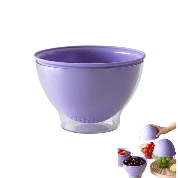 Chaungfeng Multifunctional Fruit Strainer Container with Strainer, 2-in-1 Drain Basket for Washing, Storing & Serving, Berry Fridge Storage Box, Kitchen Sink Use (Purple)