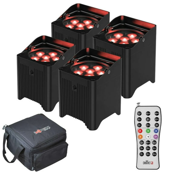 Chauvet DJ Freedom Par T6 TRUE Wireless, Battery-Operated Tri-Color (RGB) LED Uplight Four Package Bundle