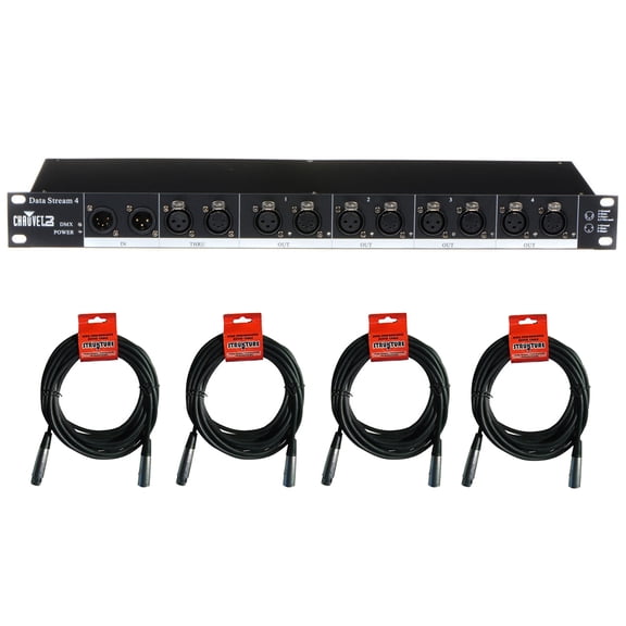 Chauvet Data Stream 4 DMX-512 3-Pin XLR to 5-Pin XLR Cable Splitter with 20' XLR-XLR Cables 4 Count